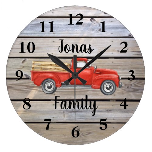 Rustic Red Truck Wood Family Name Large Clock