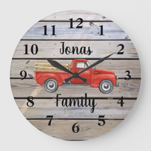 Rustic Red Truck Wood Family Name Large Clock