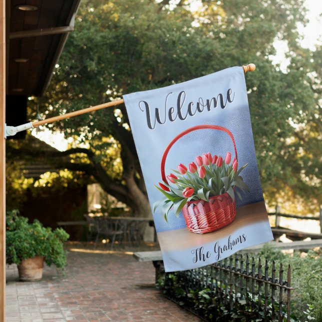 Rustic Red Tulips in Basket on Blue House Flag (In SItu)
