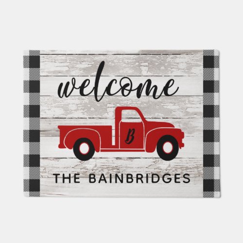 Rustic Red Vintage Truck Buffalo Check Family Name Doormat