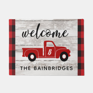 Rustic Red Vintage Truck Buffalo Check Family Name Doormat