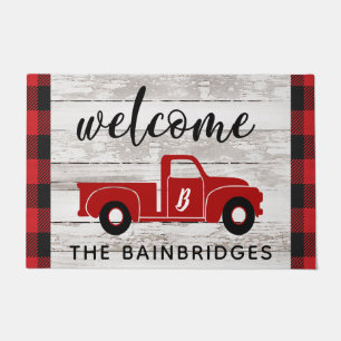 Rustic Red Vintage Truck Buffalo Check Family Name Doormat