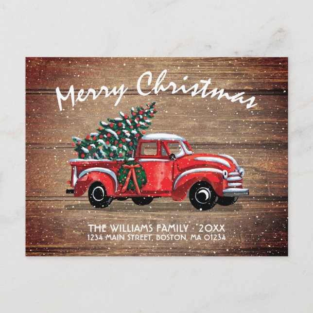 Rustic Red Vintage Truck Christmas Moving Announcement Postcard (Front)