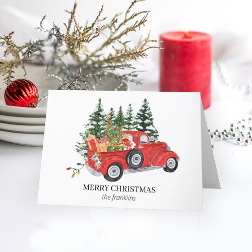 Rustic Red Vintage TruckTree Snow Merry Christmas  Holiday Card