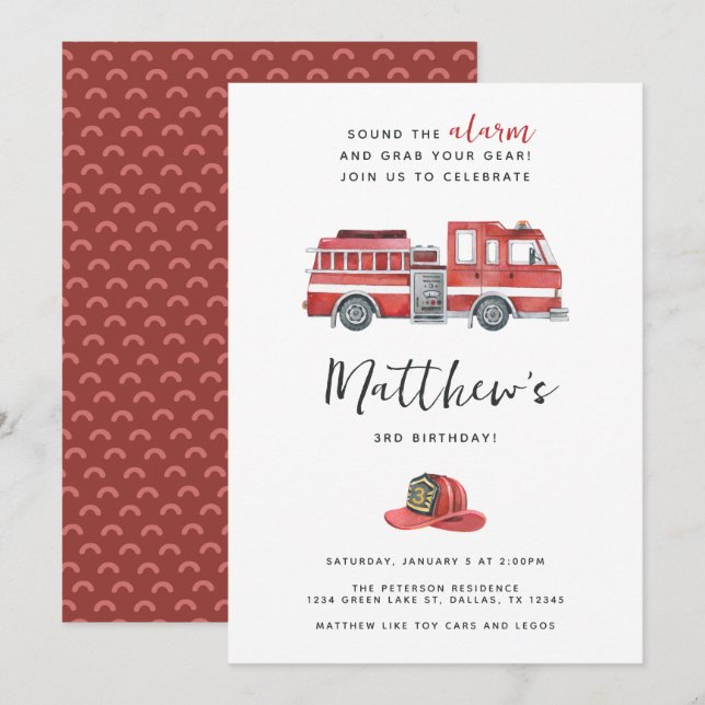Rustic Red Watercolor Firetruck Birthday Party Invitation (Front/Back)