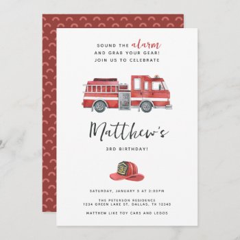 Rustic Red Watercolor Firetruck Birthday Party Invitation by PerfectPrintableCo at Zazzle