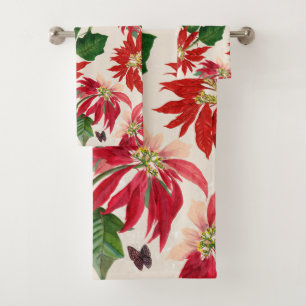 Rustic Red Watercolor Poinsettia Floral Greenery Bath Towel Set