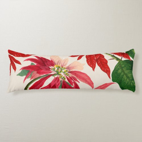 Rustic Red Watercolor Poinsettia Floral Greenery  Body Pillow