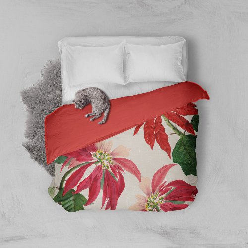 Rustic Red Watercolor Poinsettia Floral Greenery  Duvet Cover