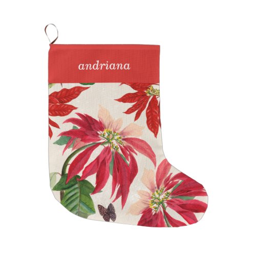 Rustic Red Watercolor Poinsettia Floral Greenery  Large Christmas Stocking