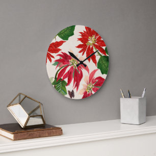 Rustic Red Watercolor Poinsettia Floral Greenery Large Clock
