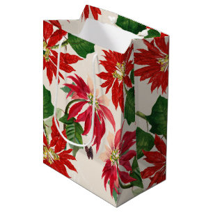 Rustic Red Watercolor Poinsettia Floral Greenery Medium Gift Bag