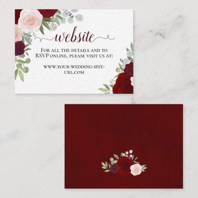 Rustic Red Watercolor Roses Wedding Website Enclosure Card (Front/Back)