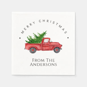 Rustic Red Watercolor Truck With Christmas Tree Napkins