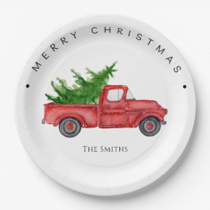 Rustic Red Watercolor Truck With Christmas Tree  Paper Plates