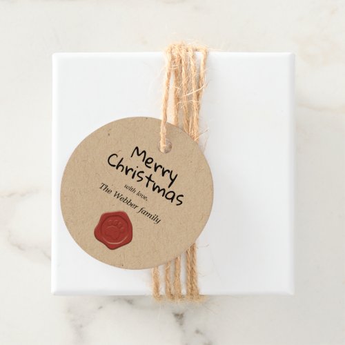 Rustic red wax seal paw print kraft christmas tag