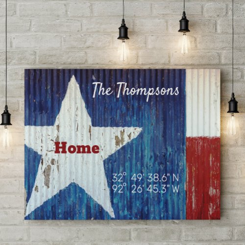 Rustic Red White and Blue Star Name Coordinates Faux Canvas Print