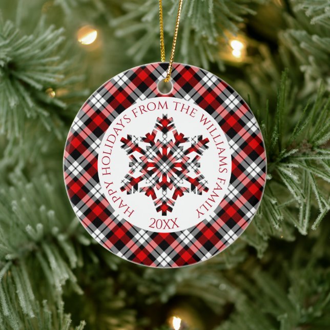 Rustic Red White Black Tartan Checks Snowflakes Ceramic Ornament (Tree)