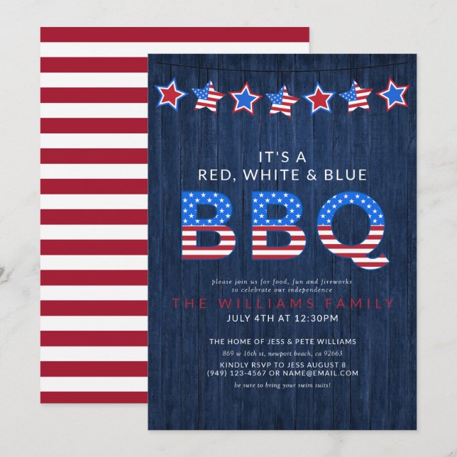 Rustic Red White & Blue BBQ Wood 4th of July Invitation (Front/Back)