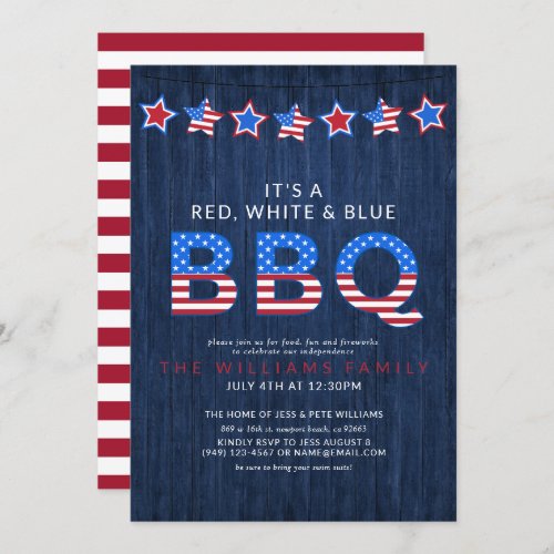Rustic Red White  Blue BBQ Wood 4th of July Invitation