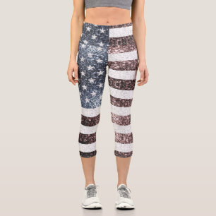 Rustic Red White Blue Sparkles USA flag Capri Leggings