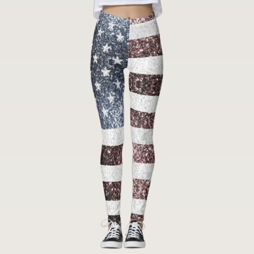 Rustic Red White Blue Sparkles USA flag Leggings