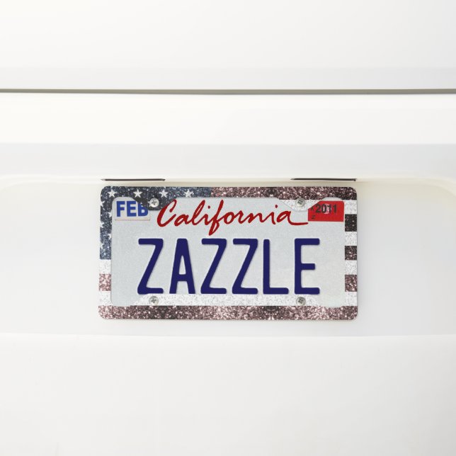 Rustic Red White Blue Sparkles USA flag  License Plate Frame (On Car)