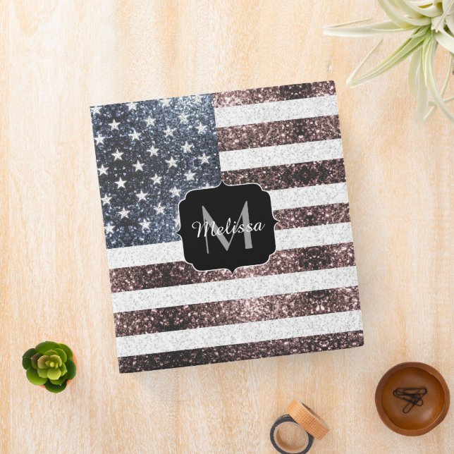 Rustic Red White Blue Sparkles USA flag Monogram 3 Ring Binder (In Situ)