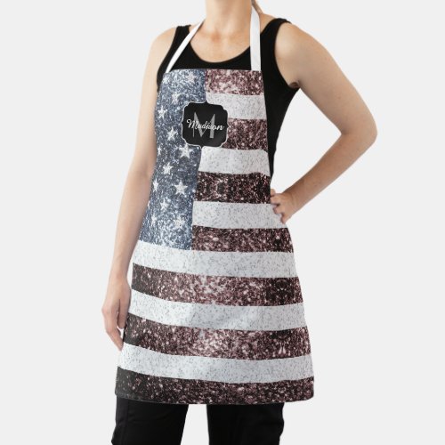 Rustic Red White Blue Sparkles USA flag Monogram Apron