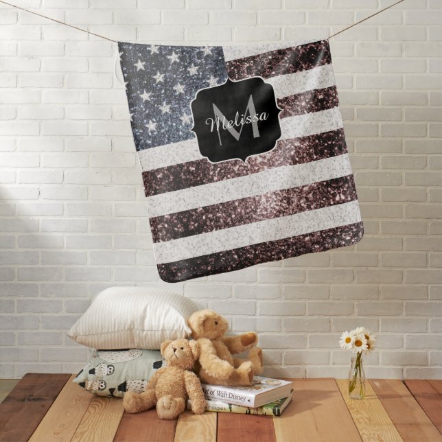 Rustic Red White Blue Sparkles USA flag Monogram Baby Blanket (In Situ)