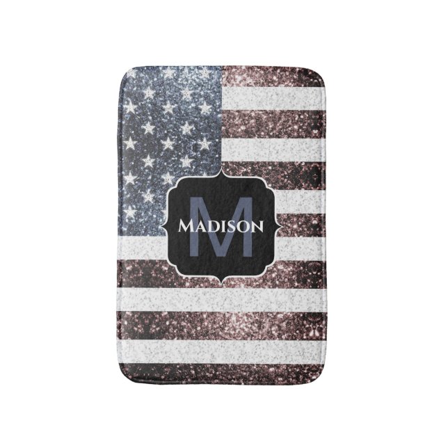 Rustic Red White Blue Sparkles USA flag Monogram Bath Mat (Front Vertical)