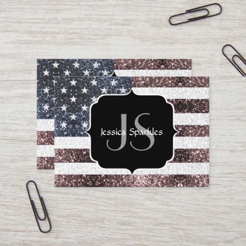 Rustic Red White Blue Sparkles USA flag Monogram Business Card