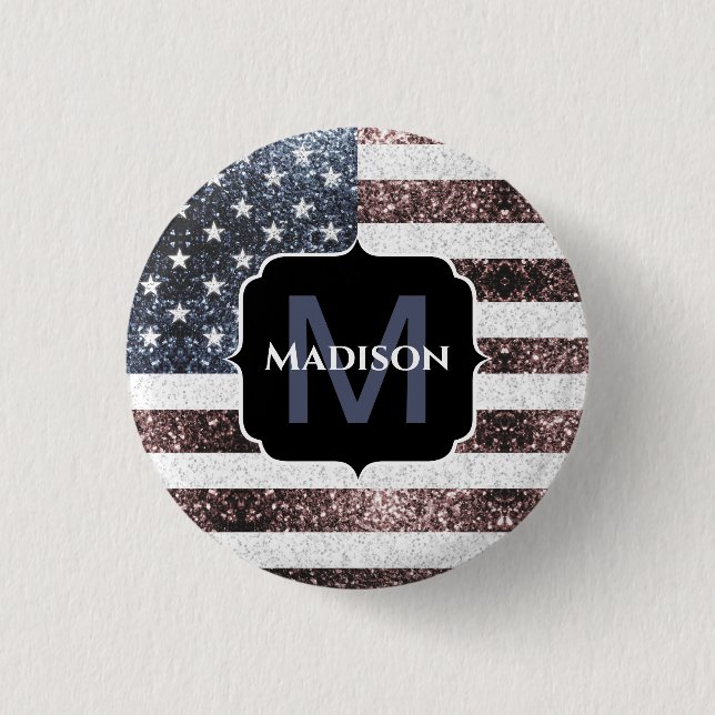 Rustic Red White Blue Sparkles USA flag Monogram Button (Front)