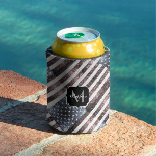 Rustic Red White Blue Sparkles USA flag Monogram Can Cooler