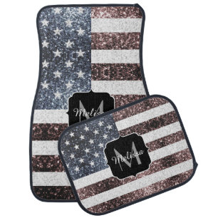 Rustic Red White Blue Sparkles USA flag Monogram Car Floor Mat