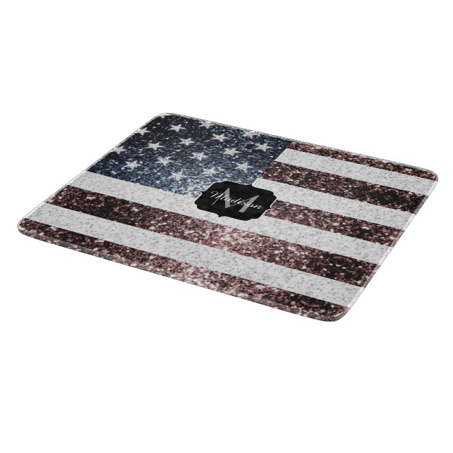 Rustic Red White Blue Sparkles USA flag Monogram Cutting Board (Corner)