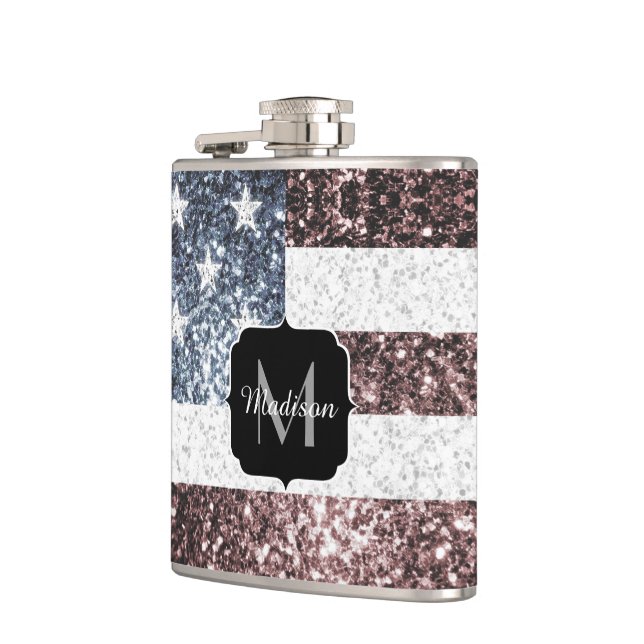Rustic Red White Blue Sparkles USA flag Monogram Flask (Left)