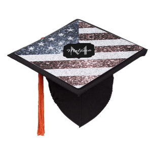 Rustic Red White Blue Sparkles USA flag Monogram Graduation Cap Topper