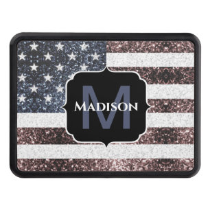 Rustic Red White Blue Sparkles USA flag Monogram Hitch Cover