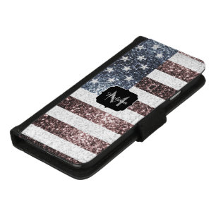 Rustic Red White Blue Sparkles USA flag Monogram iPhone 8/7 Wallet Case