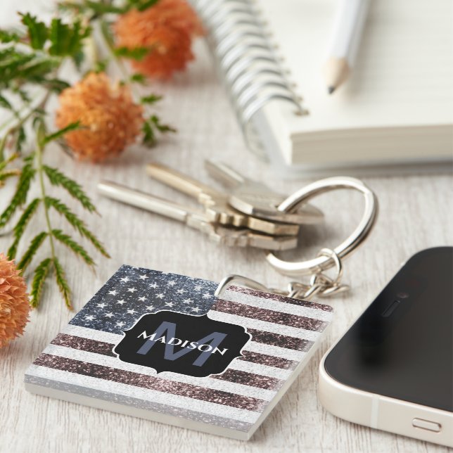 Rustic Red White Blue Sparkles USA flag Monogram Keychain (Front Right)
