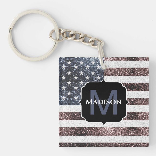 Rustic Red White Blue Sparkles USA flag Monogram Keychain (Front)