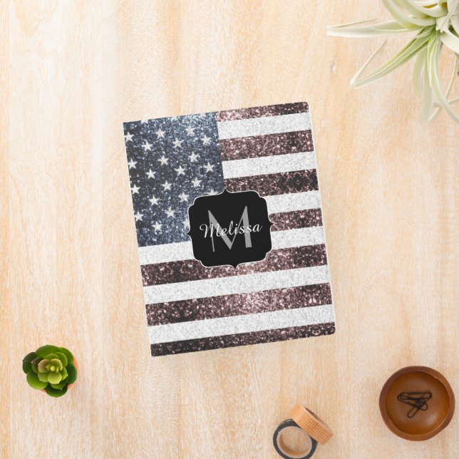 Rustic Red White Blue Sparkles USA flag Monogram Mini Binder (InSitu)