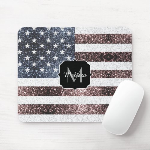 Rustic Red White Blue Sparkles USA flag Monogram Mouse Pad