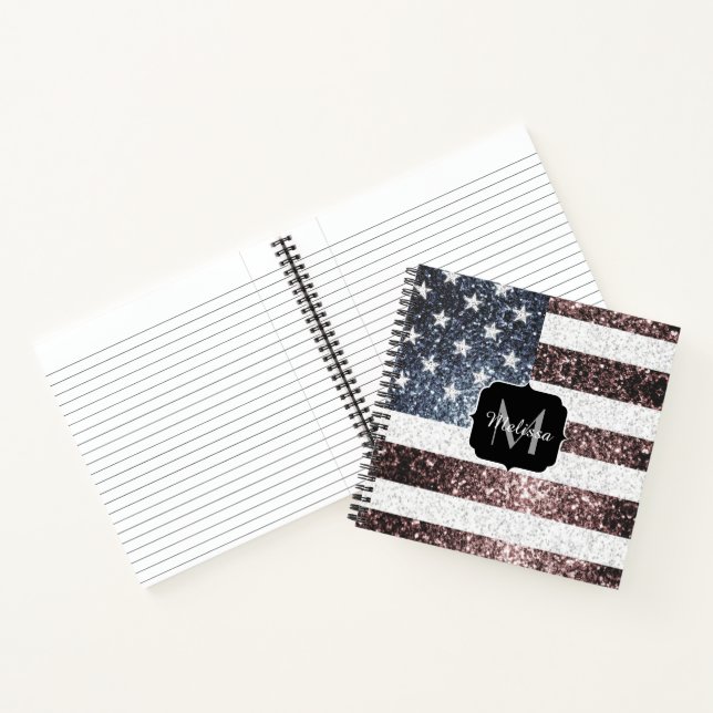 Rustic Red White Blue Sparkles USA flag Monogram Notebook (Inside)