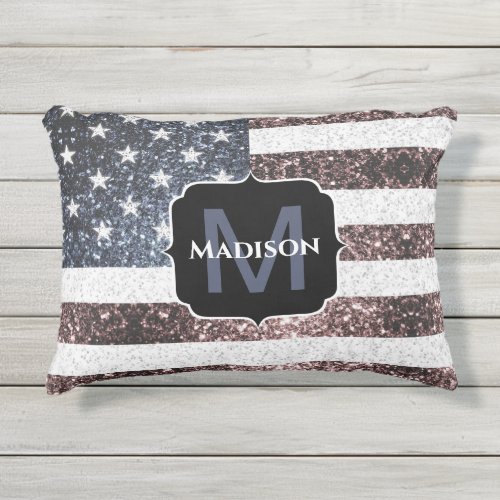 Rustic Red White Blue Sparkles USA flag Monogram Outdoor Pillow