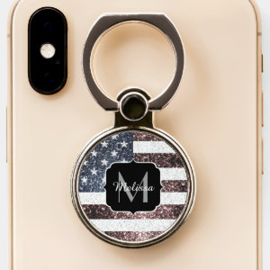 Rustic Red White Blue Sparkles USA flag Monogram Phone Ring Stand