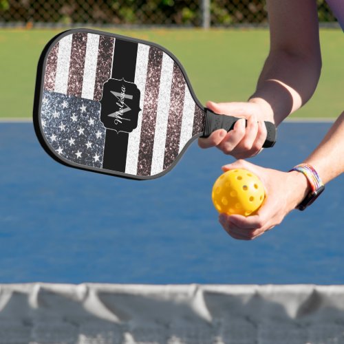 Rustic Red White Blue Sparkles USA flag Monogram Pickleball Paddle