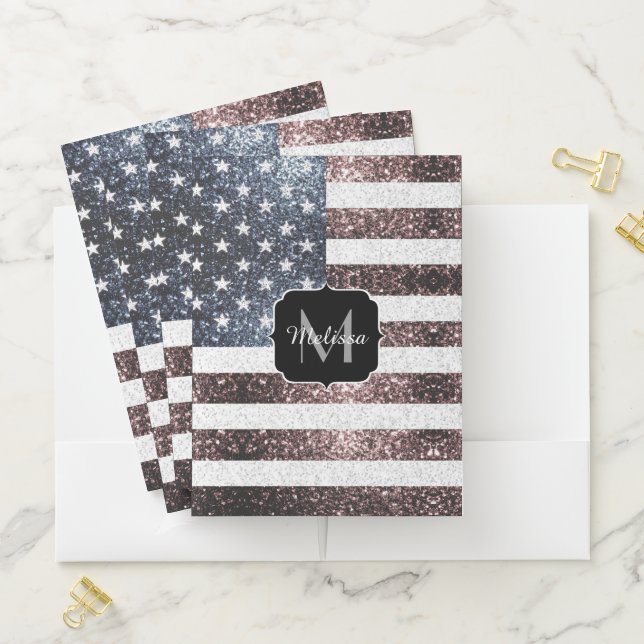 Rustic Red White Blue Sparkles USA flag Monogram Pocket Folder (In Situ)