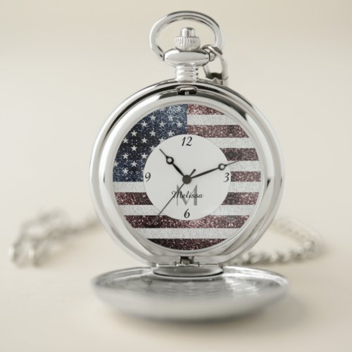 Rustic Red White Blue Sparkles USA flag Monogram Pocket Watch